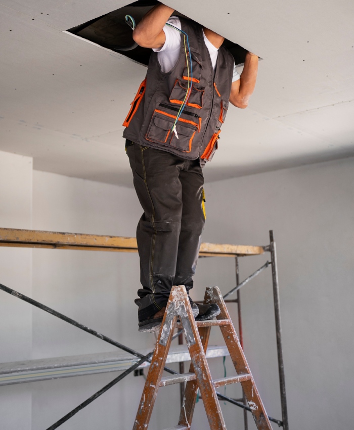 Intervention technique dans un plafond en plaques de plâtre sur chantier intérieur