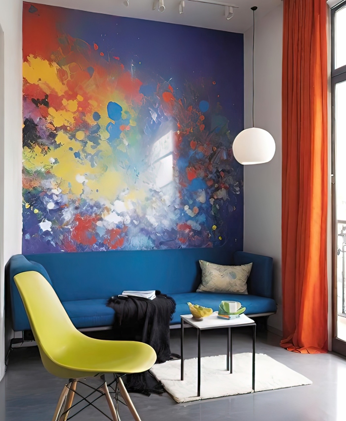 Séjour moderne avec fresque murale artistique et décoration contemporaine